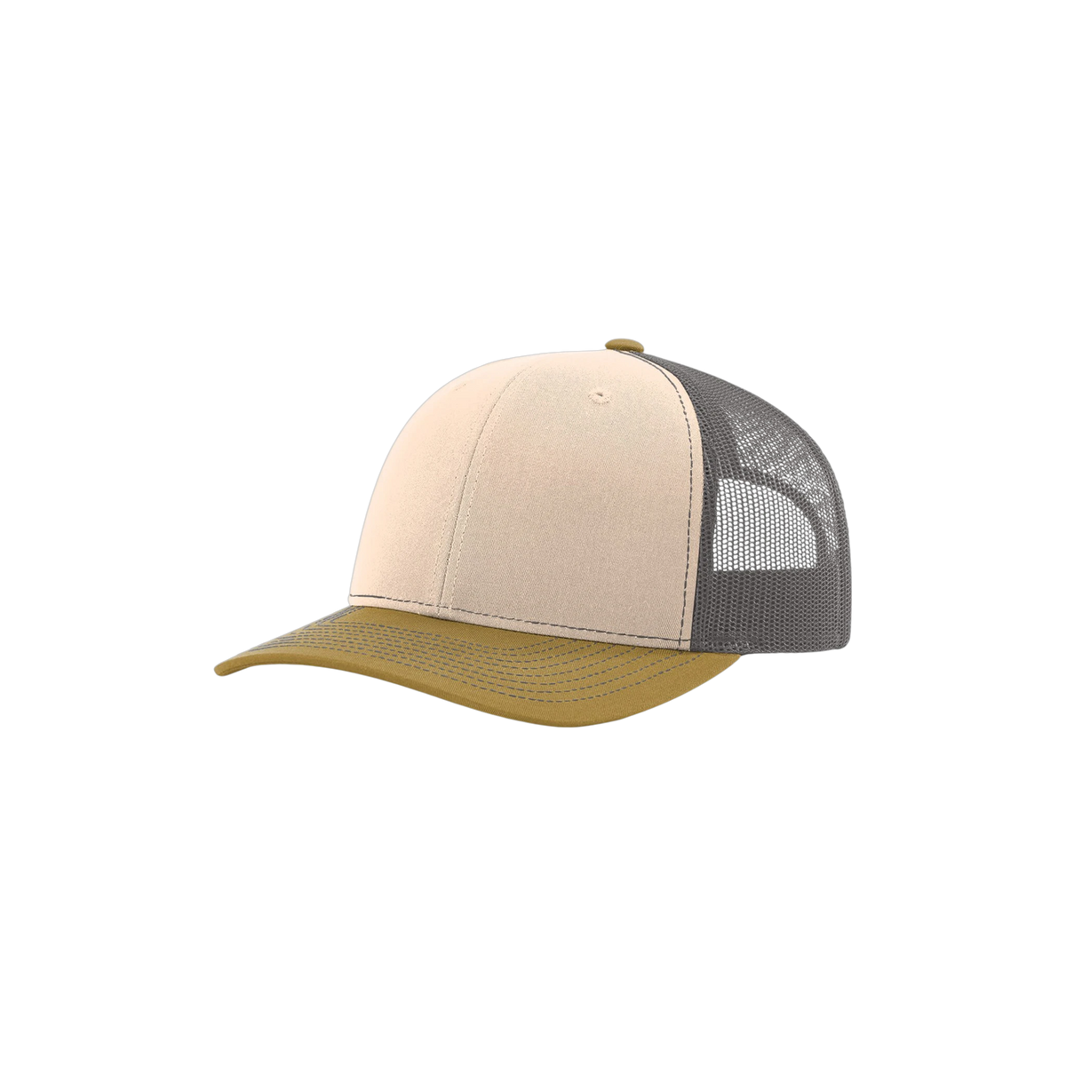 Richardson Trucker in Mink Beige/ Charcoal/ Amber Gold — custom branded by Motive