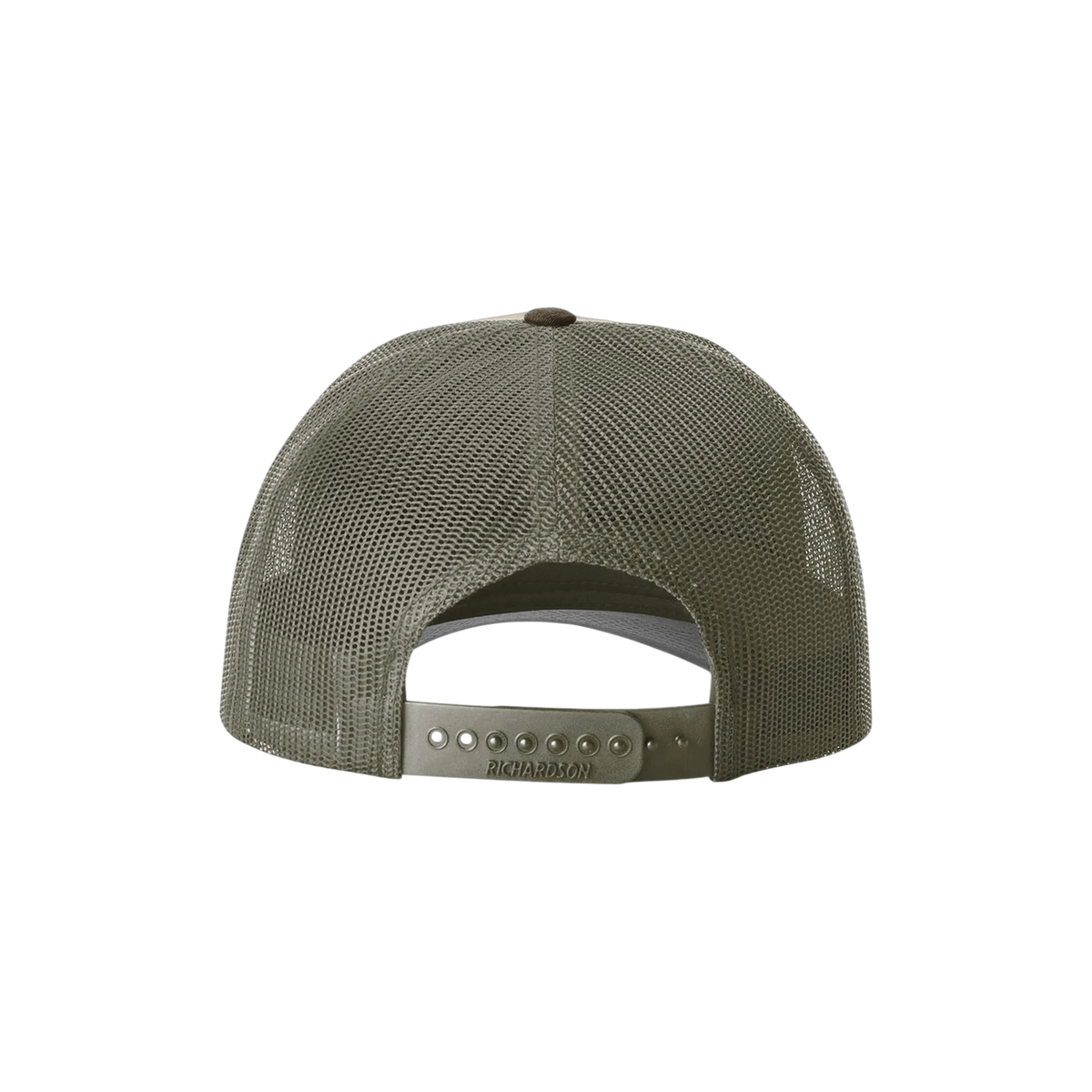 Richardson Low Pro Trucker in Tan/ Loden/ Brown — custom branded by Motive