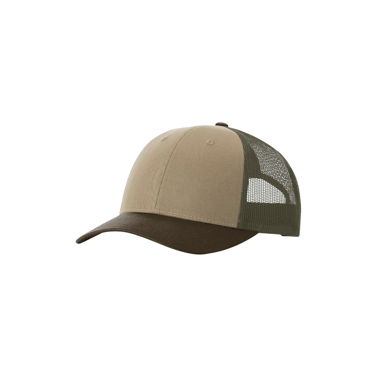 Richardson Low Pro Trucker in Tan/ Loden/ Brown — custom branded by Motive