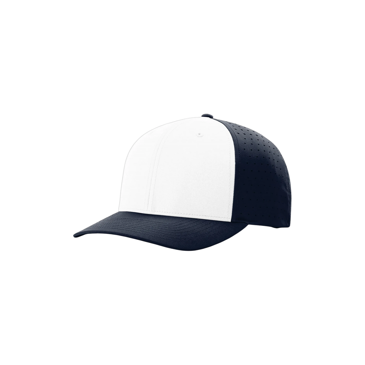 Richardson Laser Perf R-Flex Snapback in White — custom branded by Motive