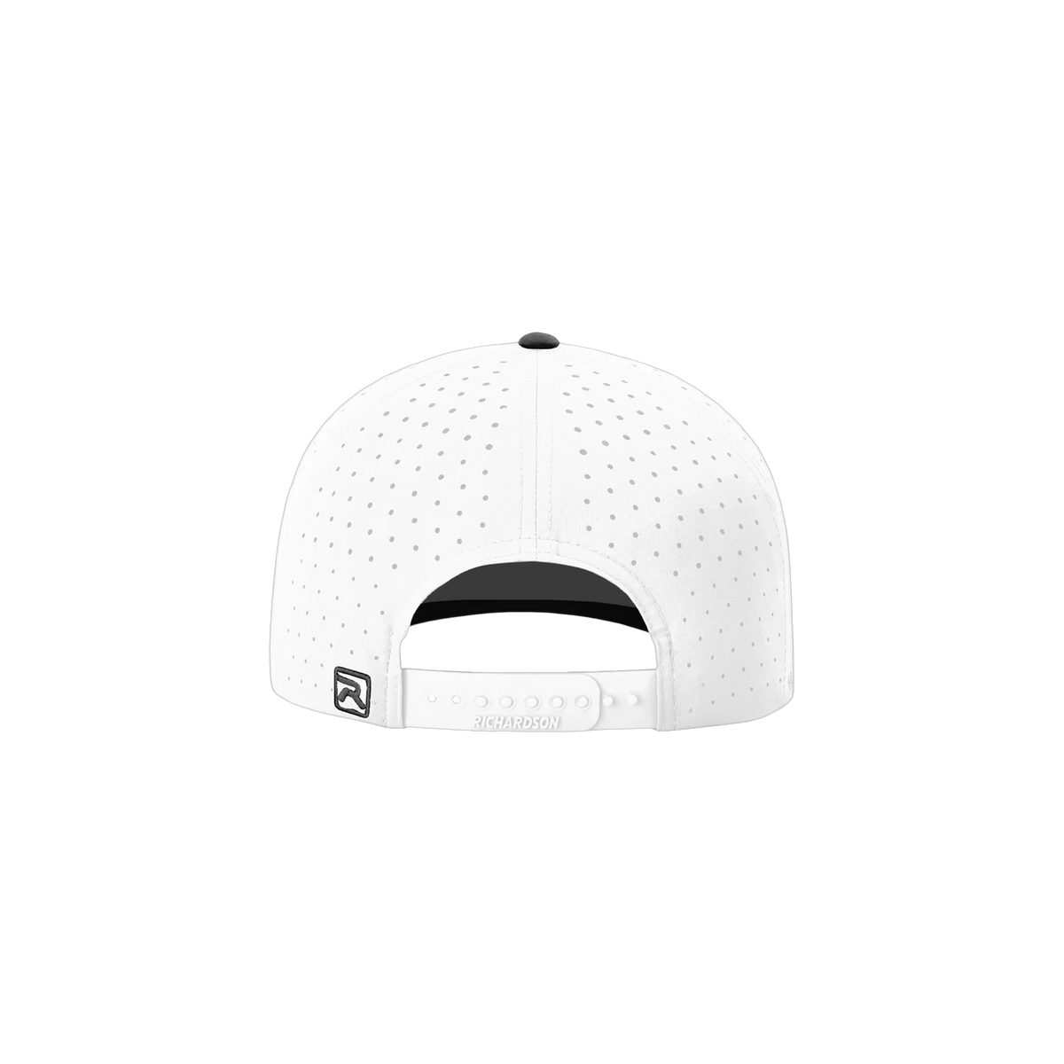 Richardson Laser Perf R-Flex Snapback in White/ White/ Black — custom branded by Motive