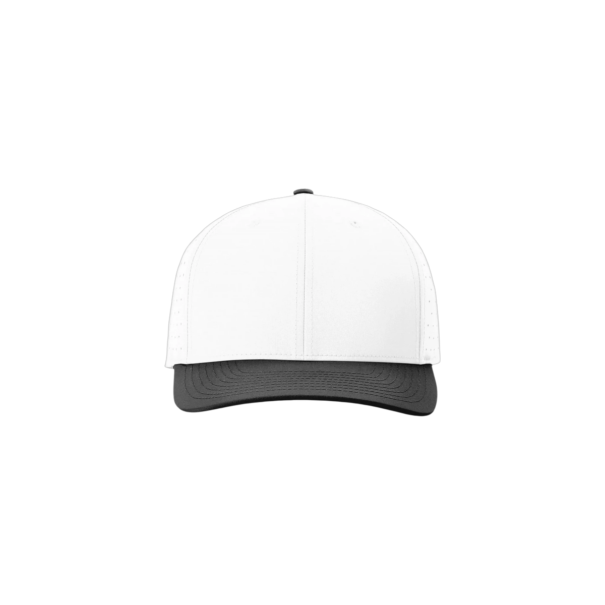 Richardson Laser Perf R-Flex Snapback in White/ White/ Black — custom branded by Motive
