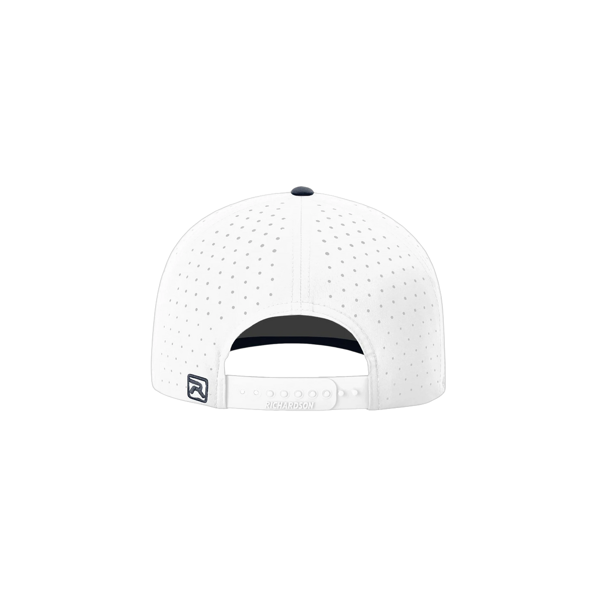 Richardson Laser Perf R-Flex Snapback in White/ White/ Navy — custom branded by Motive