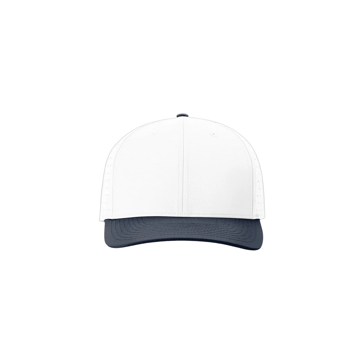 Richardson Laser Perf R-Flex Snapback in White/ White/ Navy — custom branded by Motive