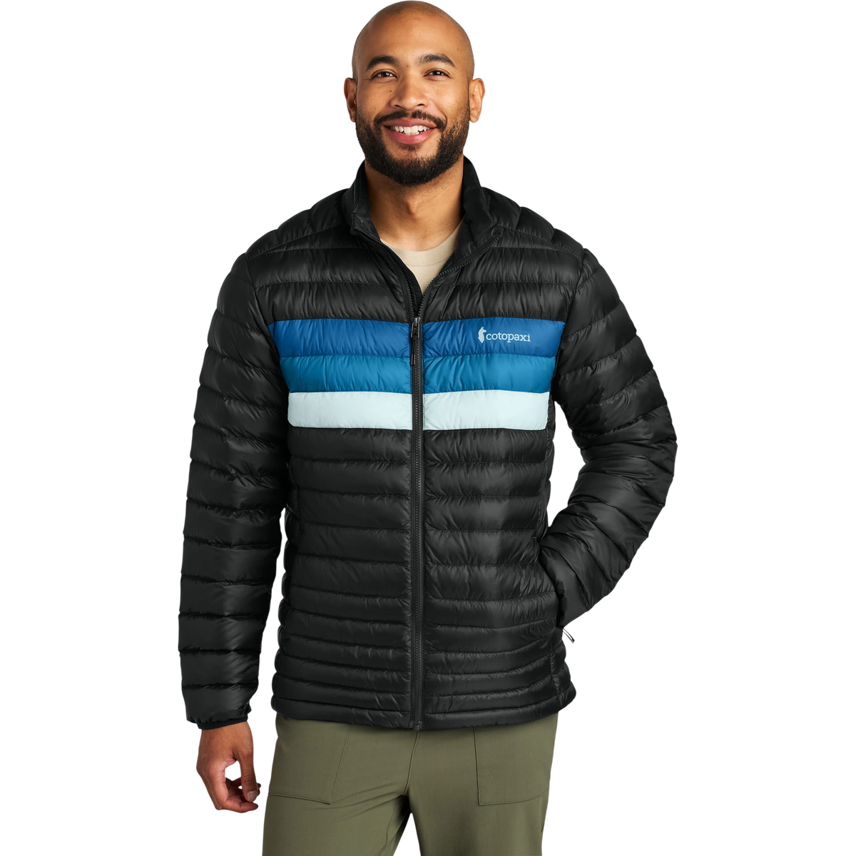 Cotopaxi Fuego Down Jacket in Black/ Atlantic — custom branded by Motive