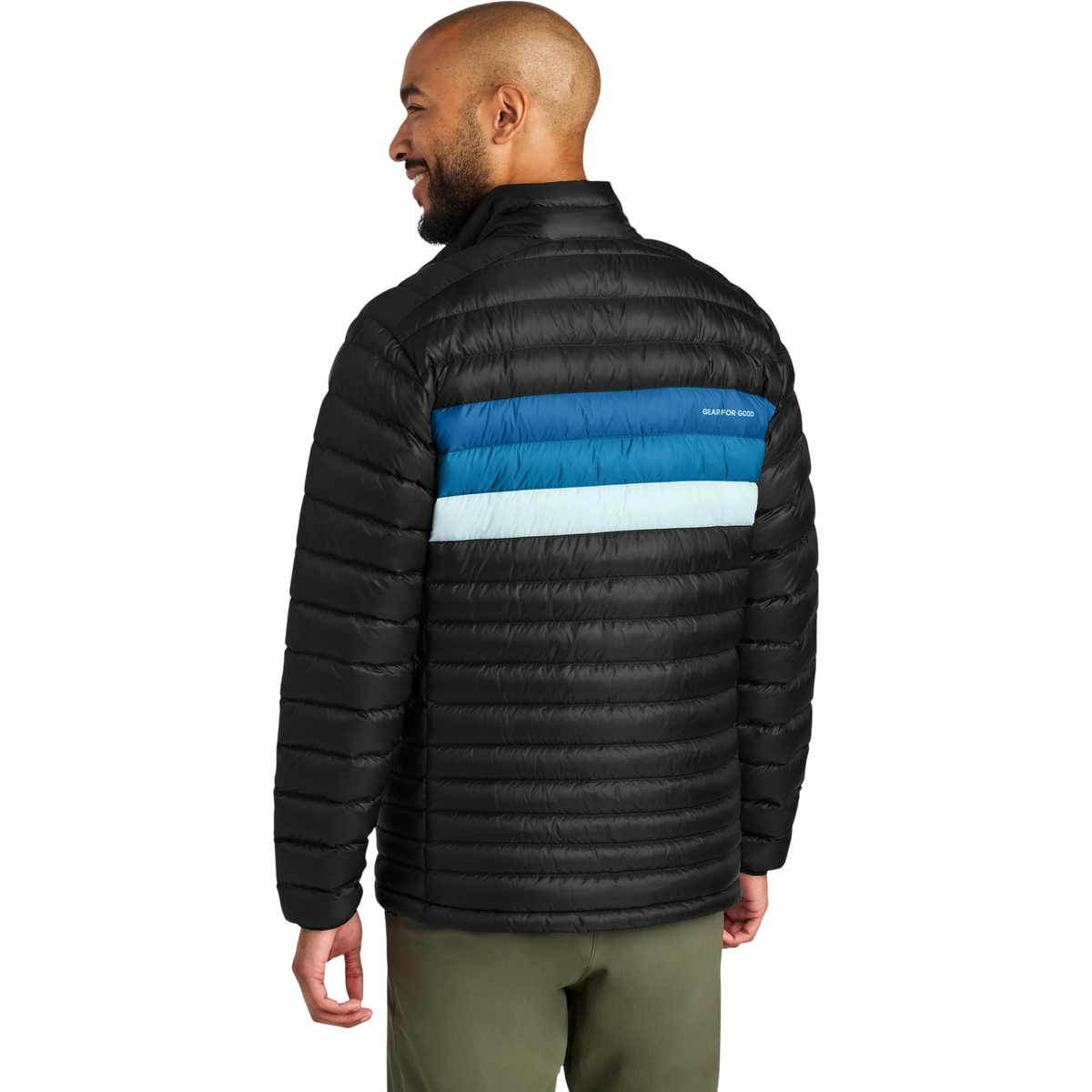 Cotopaxi Fuego Down Jacket in Black/ Atlantic — custom branded by Motive
