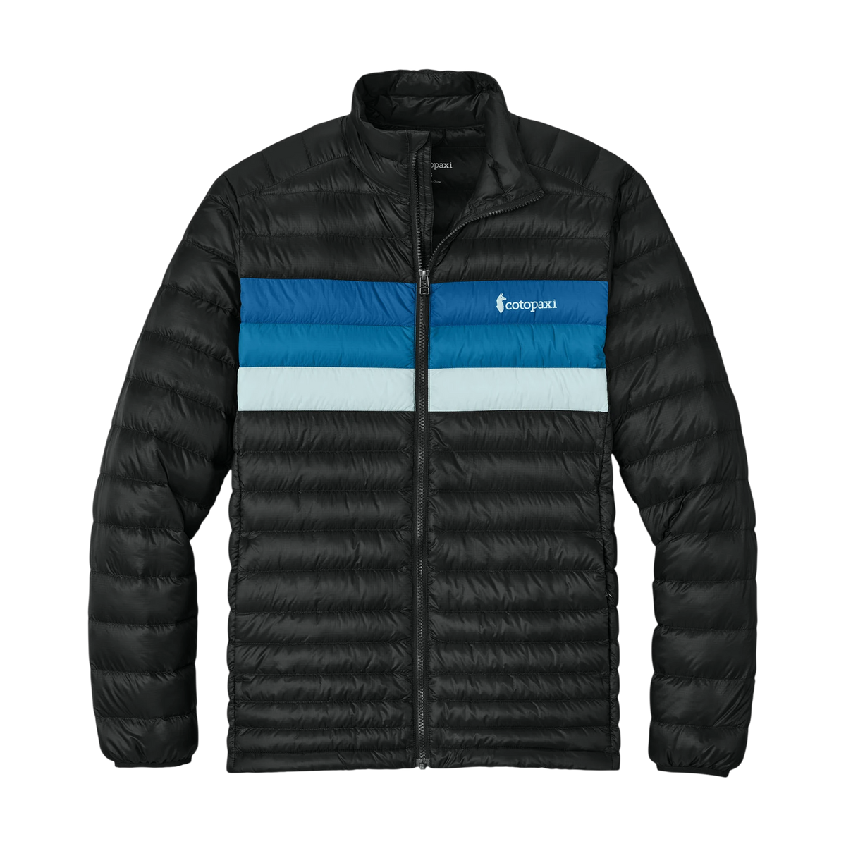 Cotopaxi Fuego Down Jacket in Black/ Atlantic — custom branded by Motive