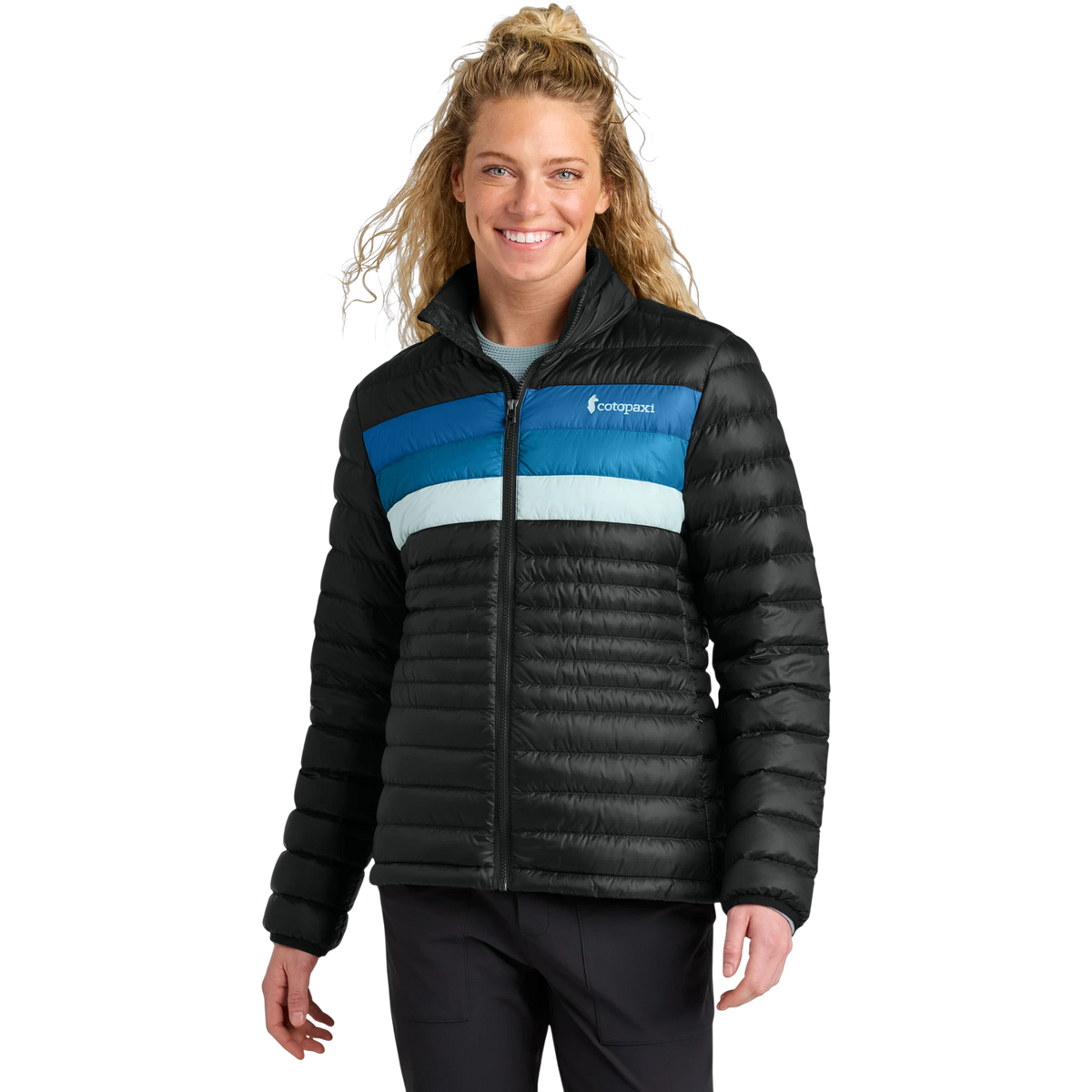 Cotopaxi Women's Fuego Down Jacket in Black/ Atlantic — custom branded by Motive