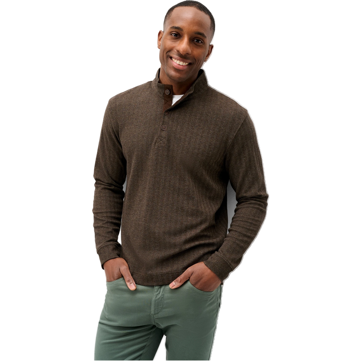 johnnie-O Cotton Blend Herringbone Henley in Coffee