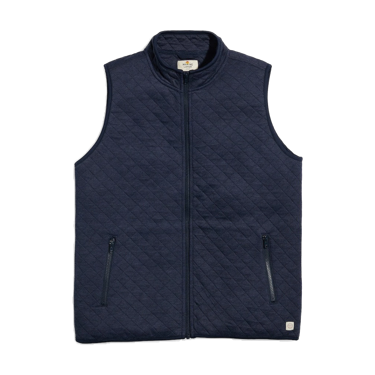 Marine Layer Corbet Vest in Navy — custom branded by Motive
