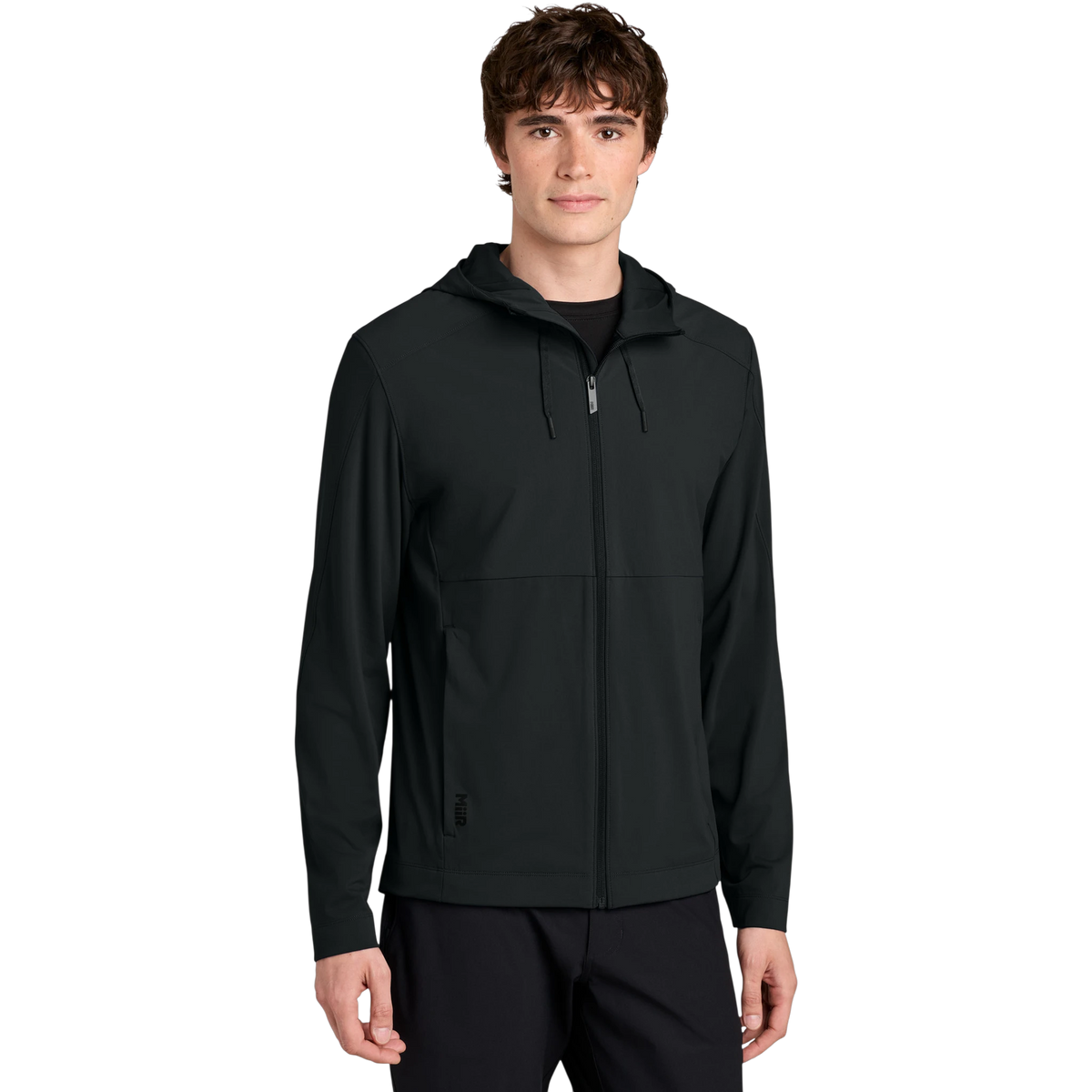 MiiR Kivu Hybrid Full-Zip Hooded Jacket in Pitch Black — custom branded by Motive
