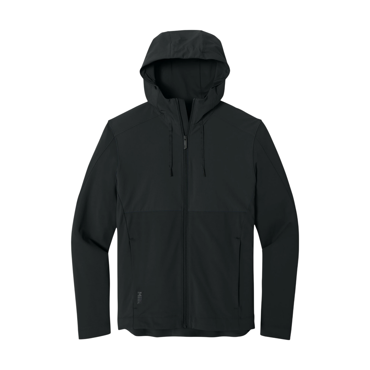 MiiR Kivu Hybrid Full-Zip Hooded Jacket in Pitch Black — custom branded by Motive