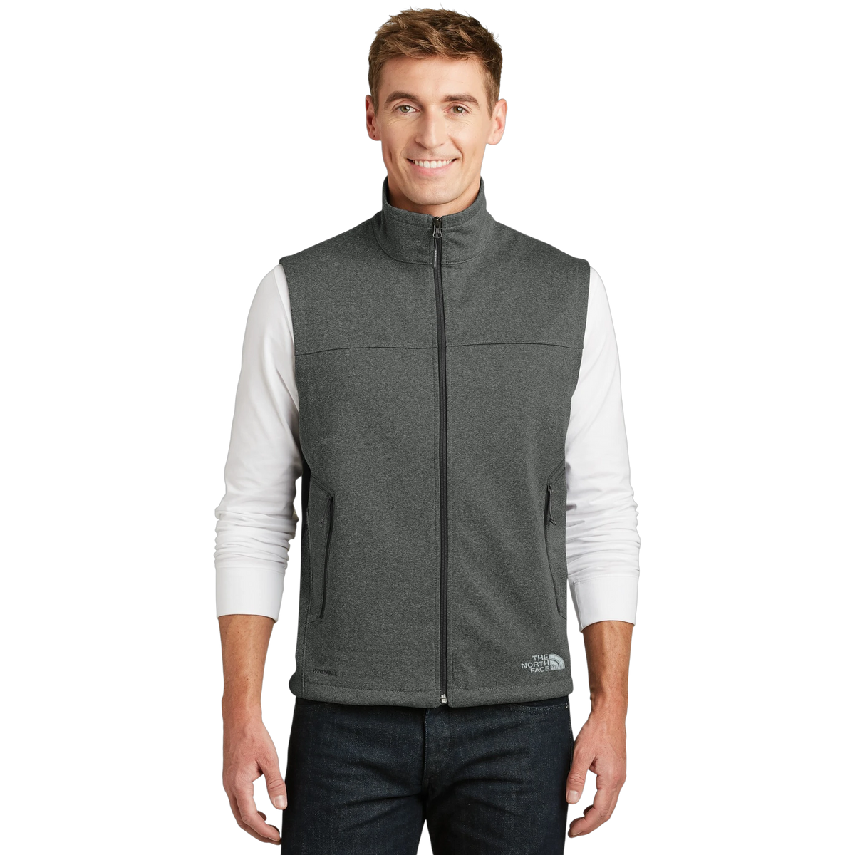 The North Face Ridgewall Soft Shell Vest in TNF Dark Grey Heather — custom branded by Motive