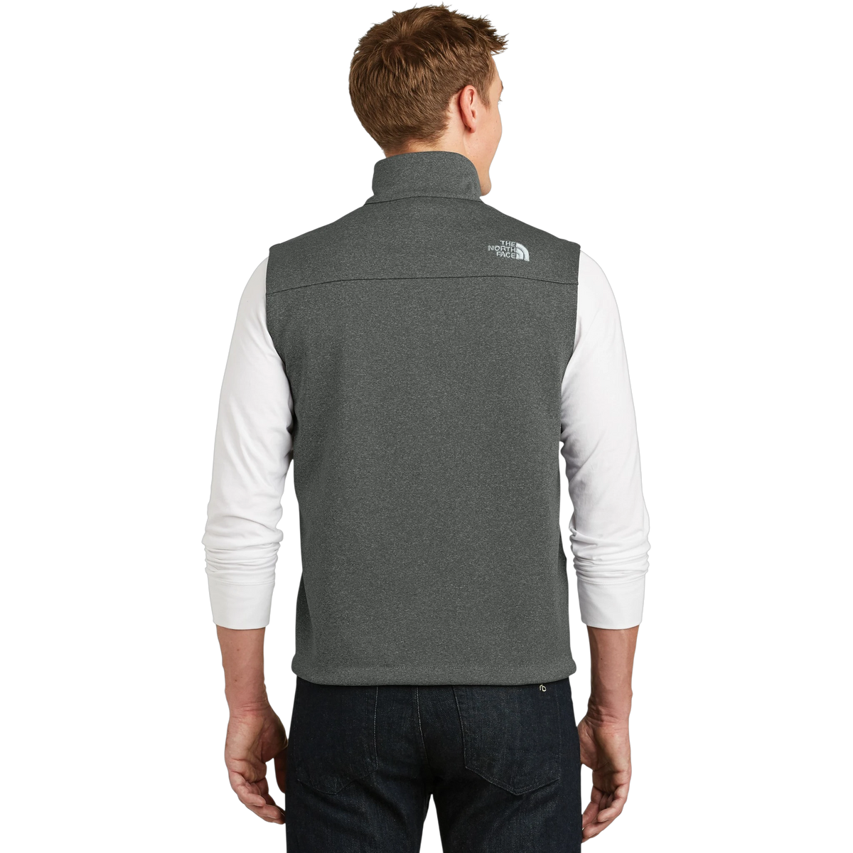 The North Face Ridgewall Soft Shell Vest in TNF Dark Grey Heather — custom branded by Motive