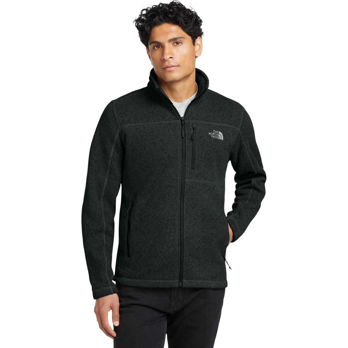 The North Face Sweater Fleece Jacket in TNF Black Heather — custom branded by Motive