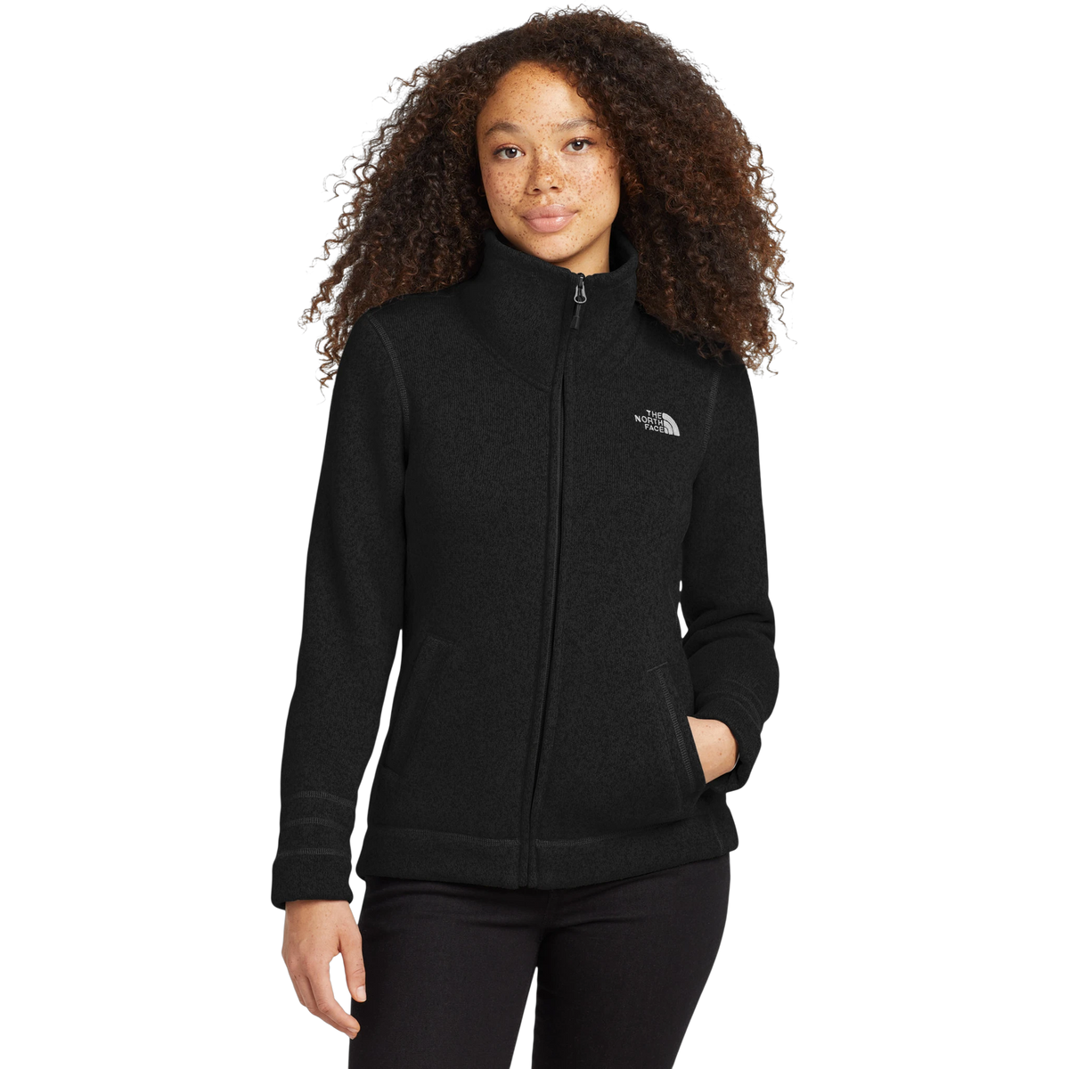 The North Face Women's Sweater Fleece Jacket in TNF Black Heather — custom branded by Motive