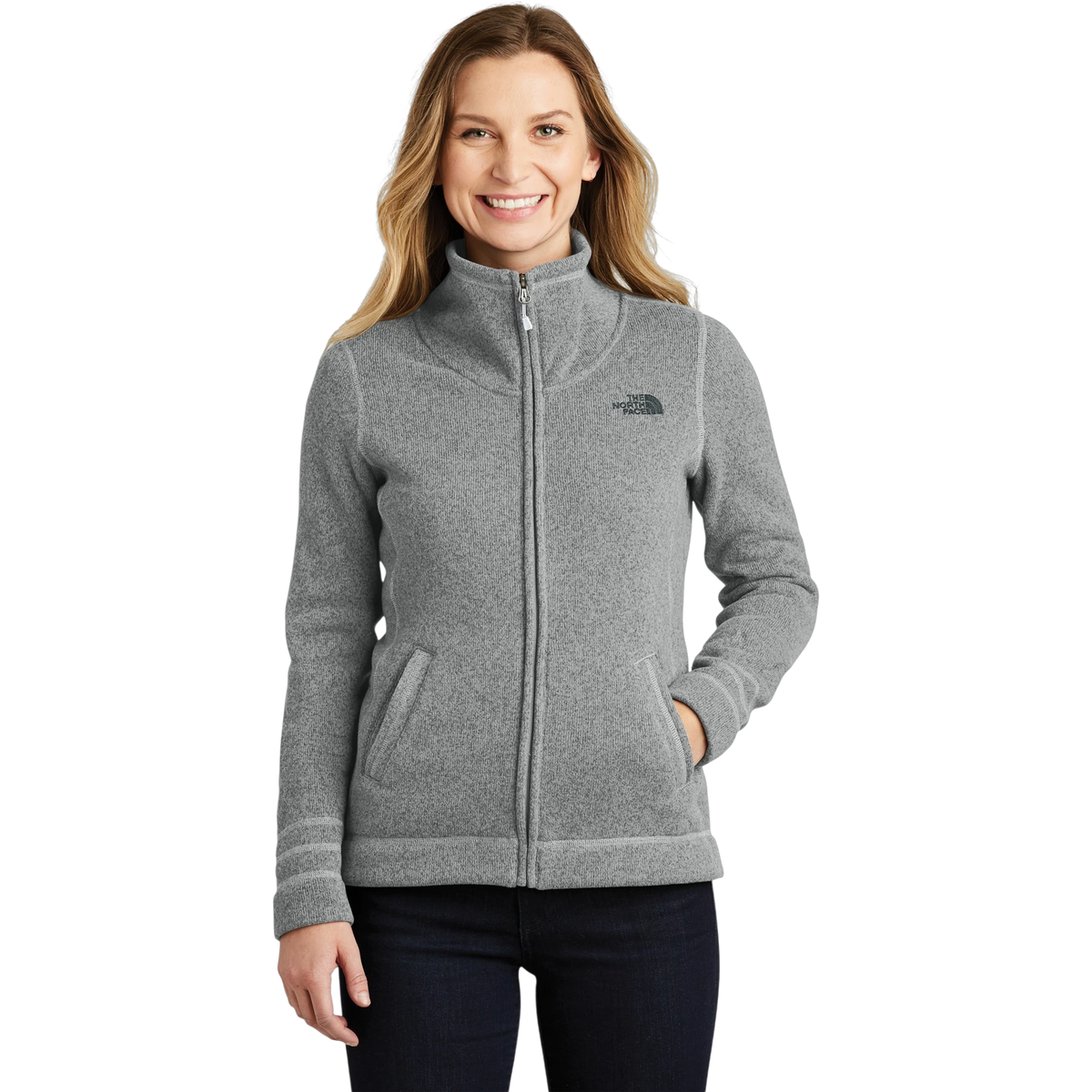 The North Face Women's Sweater Fleece Jacket in TNF Medium Grey Heather — custom branded by Motive