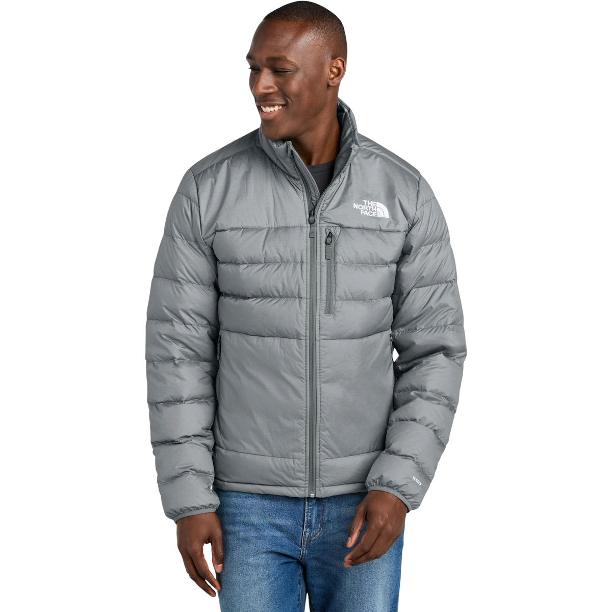 The North Face Down Hybrid Jacket in TNF Medium Grey Heather — custom branded by Motive