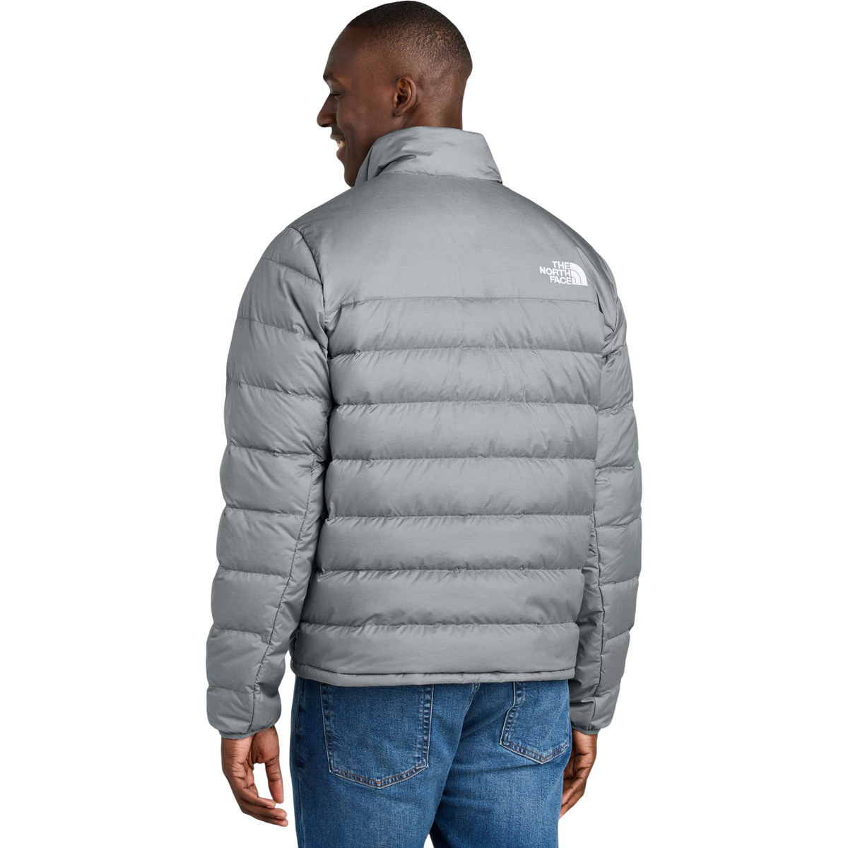 The North Face Down Hybrid Jacket in TNF Medium Grey Heather — custom branded by Motive
