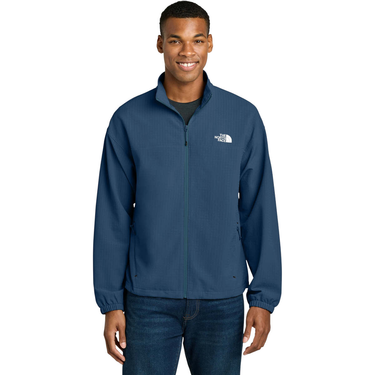 The North Face Mountain Horizon Jacket in Shady Blue — custom branded by Motive