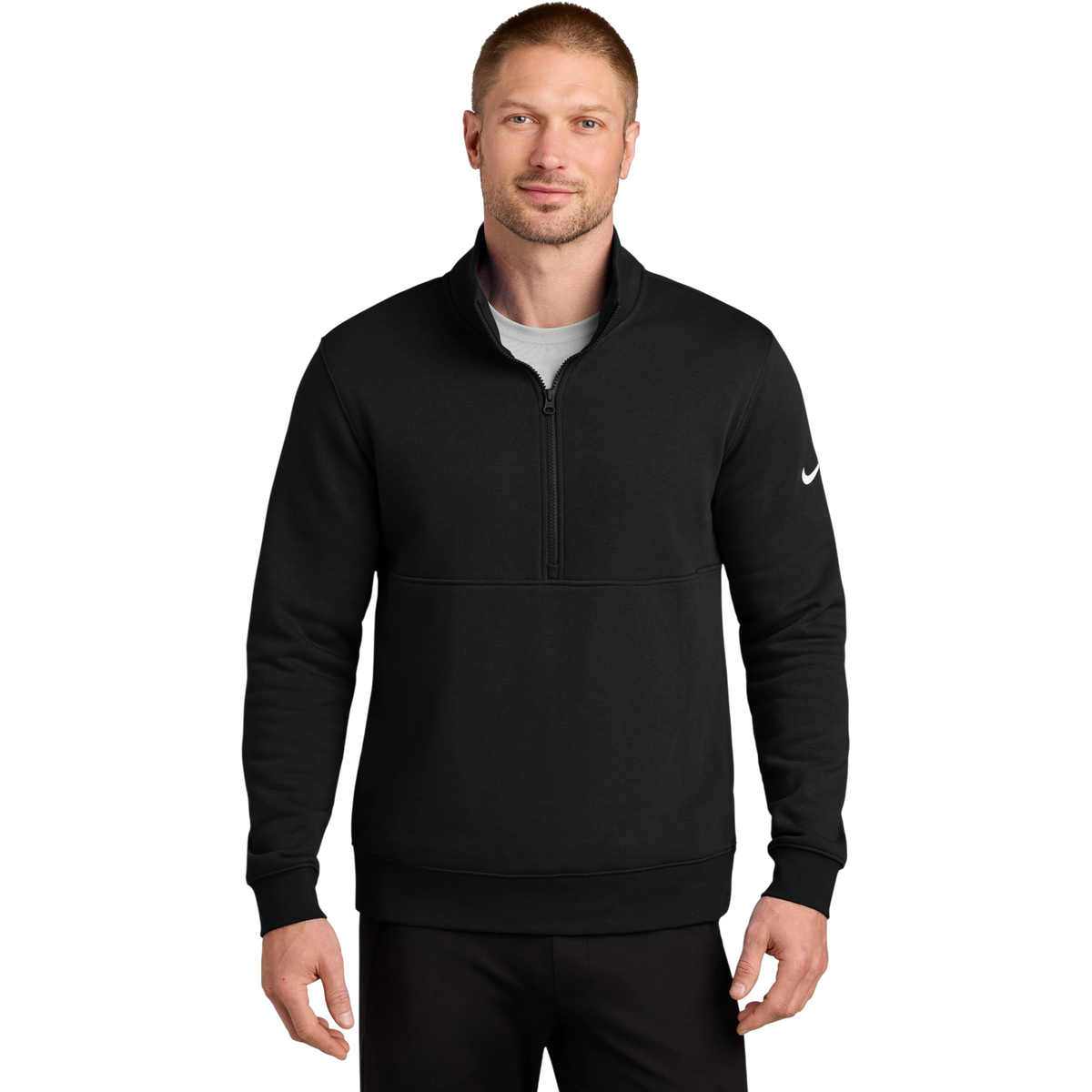 Nike Club Fleece Sleeve Swoosh 1/2-Zip in Black — custom branded by Motive