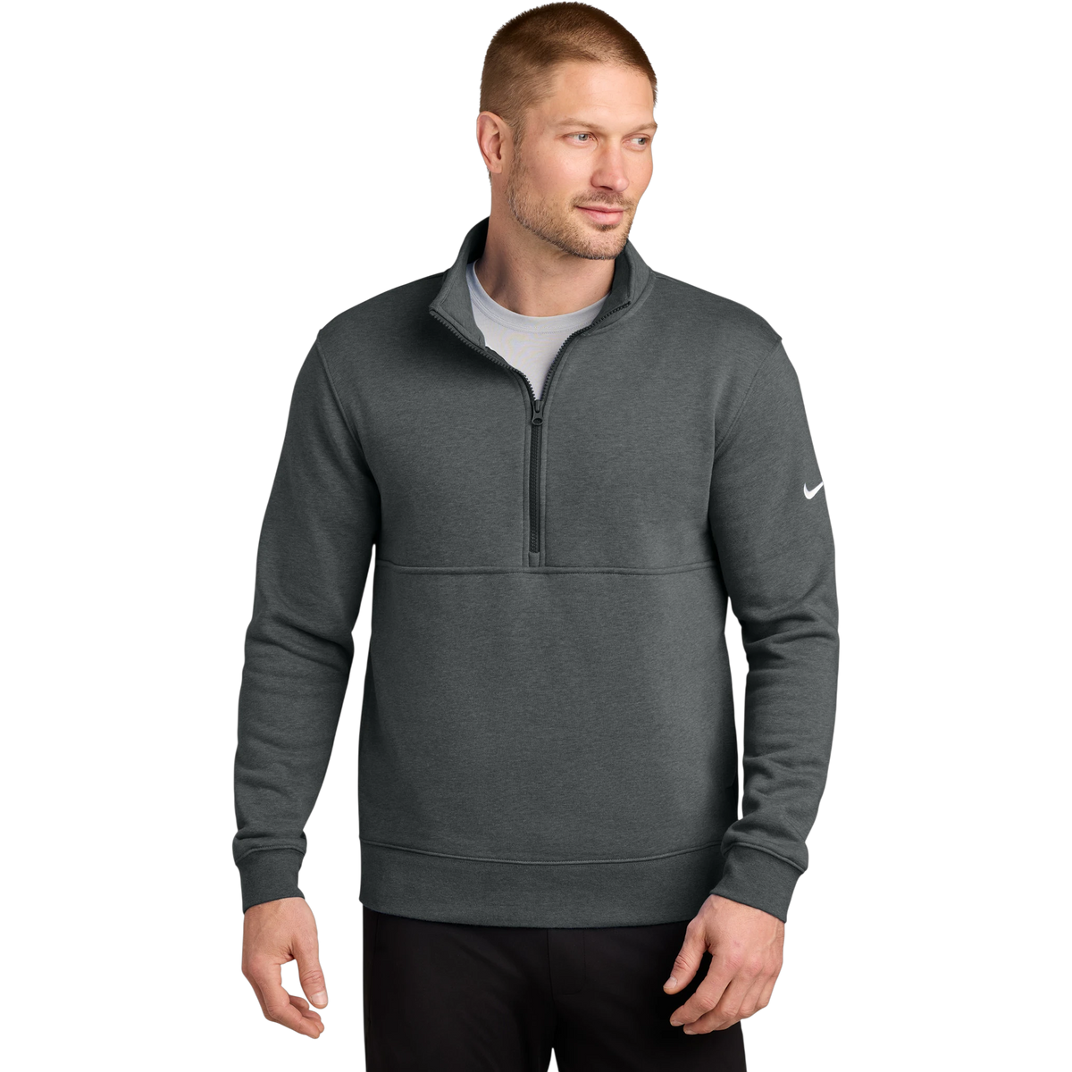Nike Club Fleece Sleeve Swoosh 1/2-Zip in Charcoal Heather — custom branded by Motive