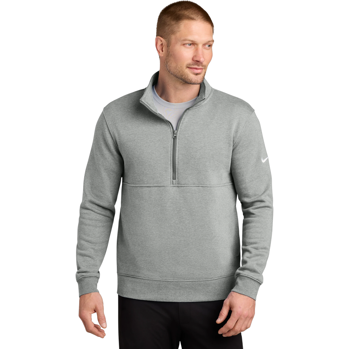 Nike Club Fleece Sleeve Swoosh 1/2-Zip in Dark Grey Heather — custom branded by Motive