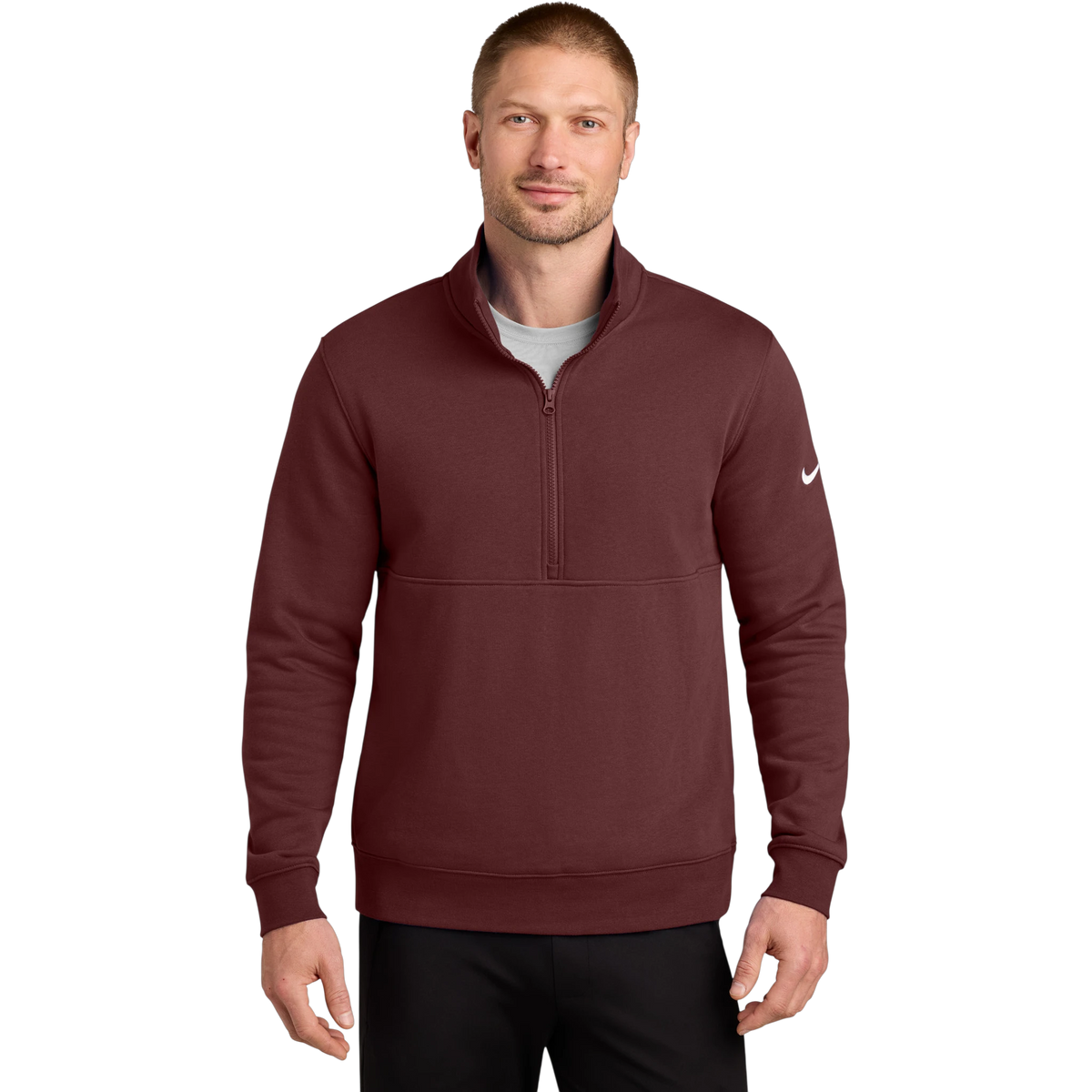 Nike Club Fleece Sleeve Swoosh 1/2-Zip in Dark Team Red — custom branded by Motive