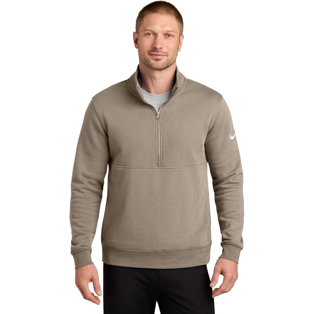 Nike Club Fleece Sleeve Swoosh 1/2-Zip in Khaki — custom branded by Motive