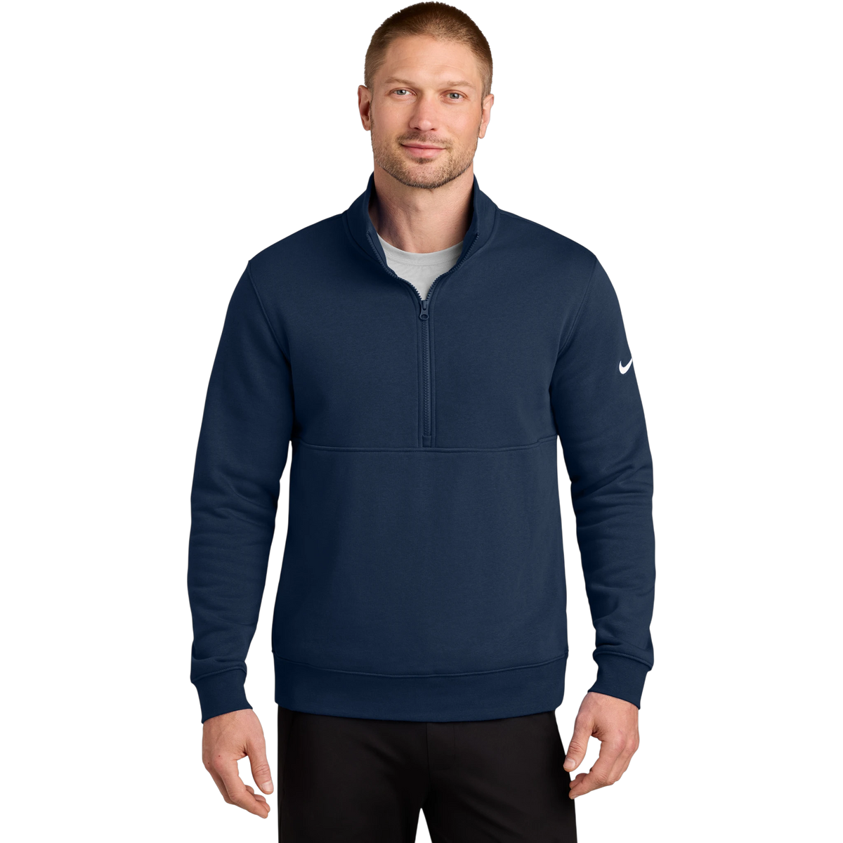 Nike Club Fleece Sleeve Swoosh 1/2-Zip in Midnight Navy — custom branded by Motive