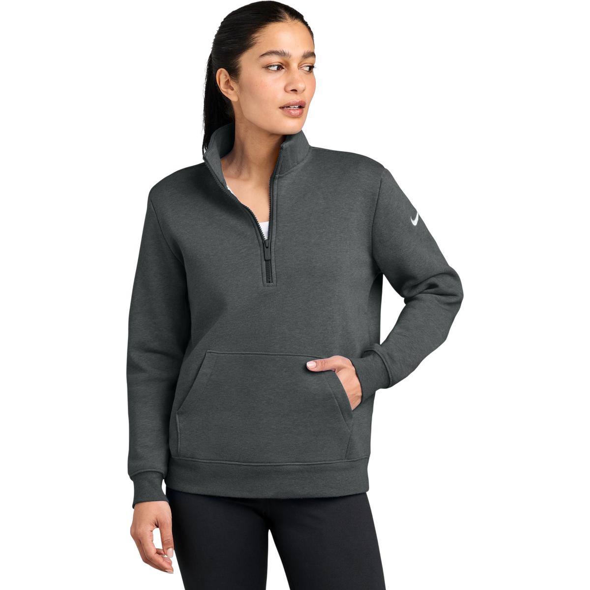 Nike Women's Club Fleece Sleeve Swoosh 1/2-Zip in Charcoal Heather — custom branded by Motive