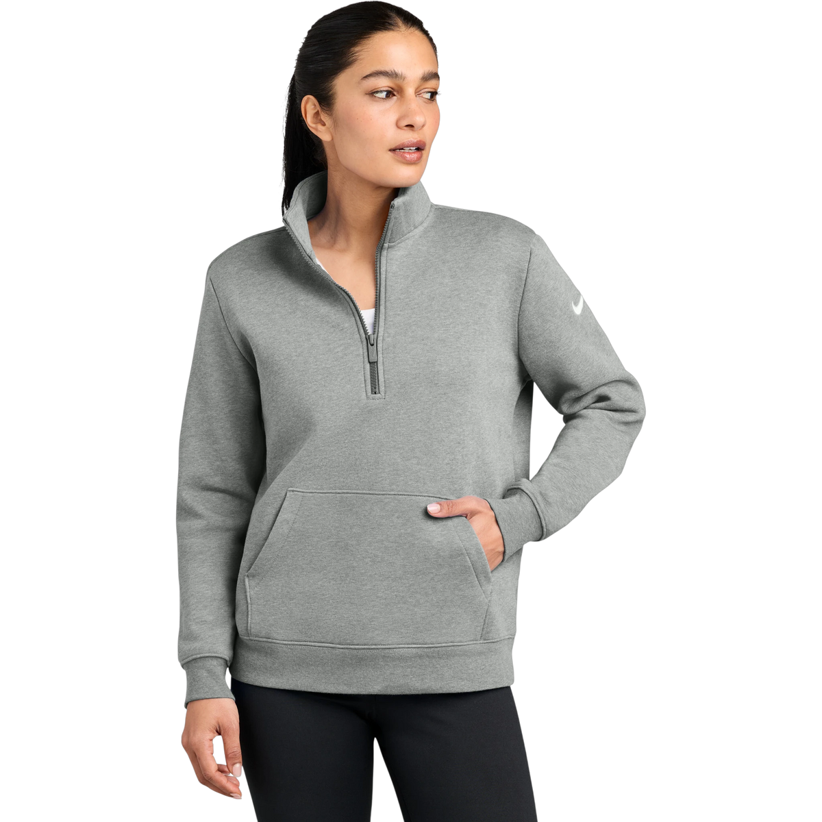 Nike Women's Club Fleece Sleeve Swoosh 1/2-Zip in Dark Grey Heather — custom branded by Motive