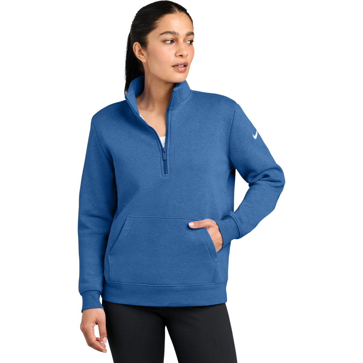 Nike Women's Club Fleece Sleeve Swoosh 1/2-Zip in Light Game Royal Heather