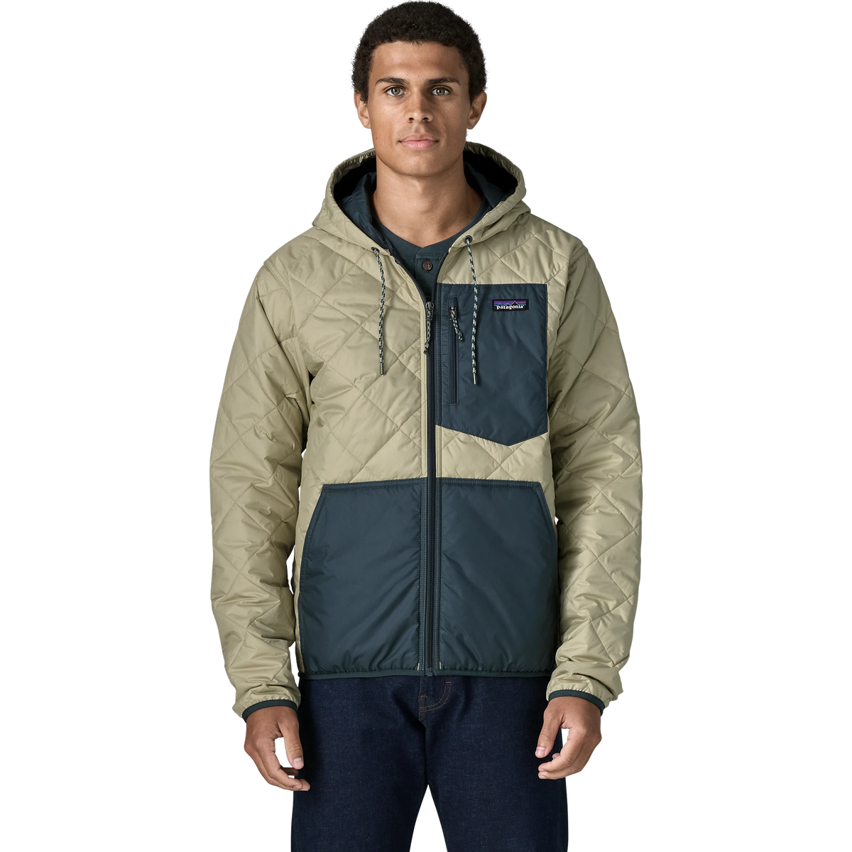 Patagonia Diamond Quilted Bomber Hoody in Weathered Stone w/Summit Blue