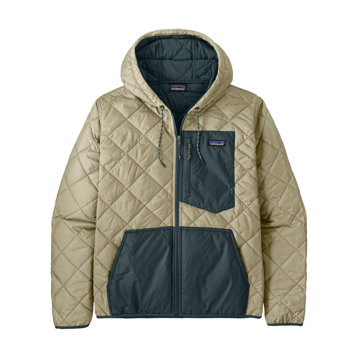 Patagonia Diamond Quilted Bomber Hoody in Weathered Stone w/Summit Blue