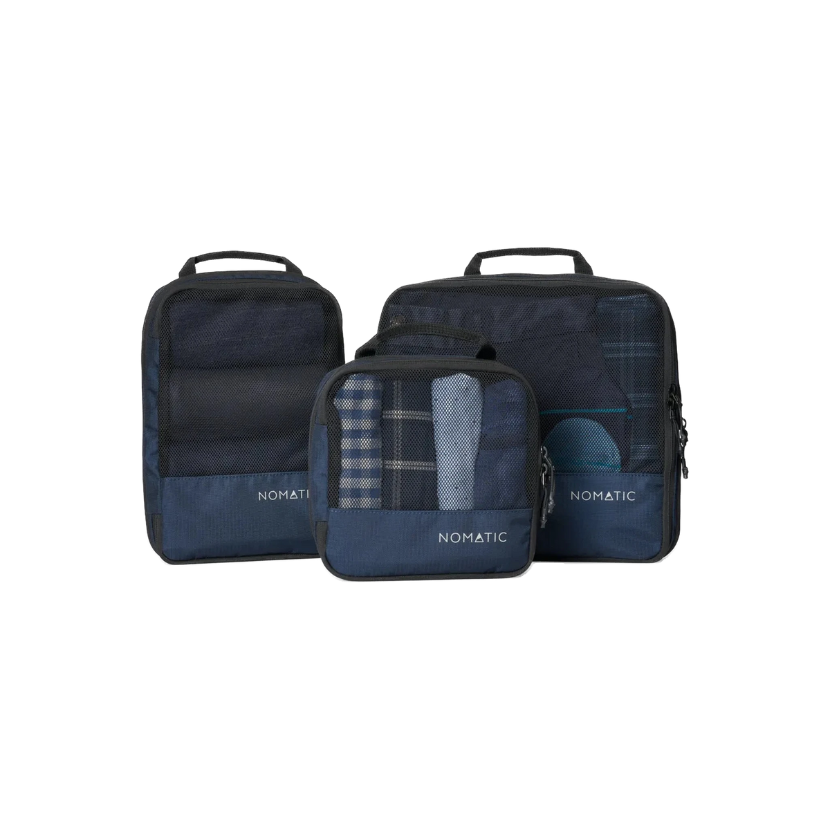 NOMATIC Compression Packing Cubes in Navy — custom branded by Motive