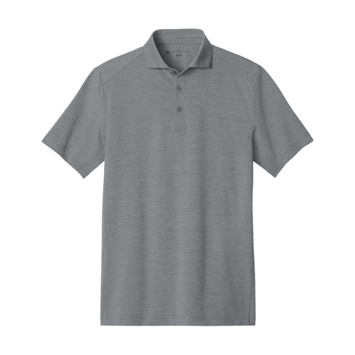 TravisMathew Onward Polo in Quiet Shade Grey Heather — custom branded by Motive