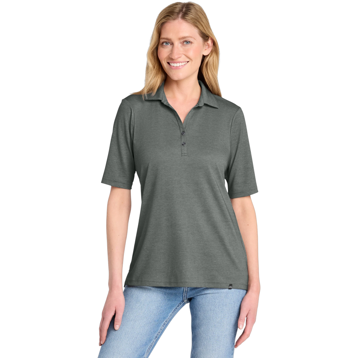TravisMathew Women's Sunsetters Polo in Black Heather — custom branded by Motive