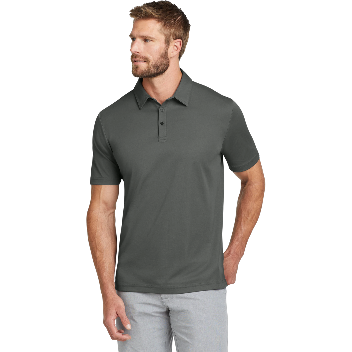 TravisMathew Oceanside Solid Polo in Quiet Shade Grey — custom branded by Motive