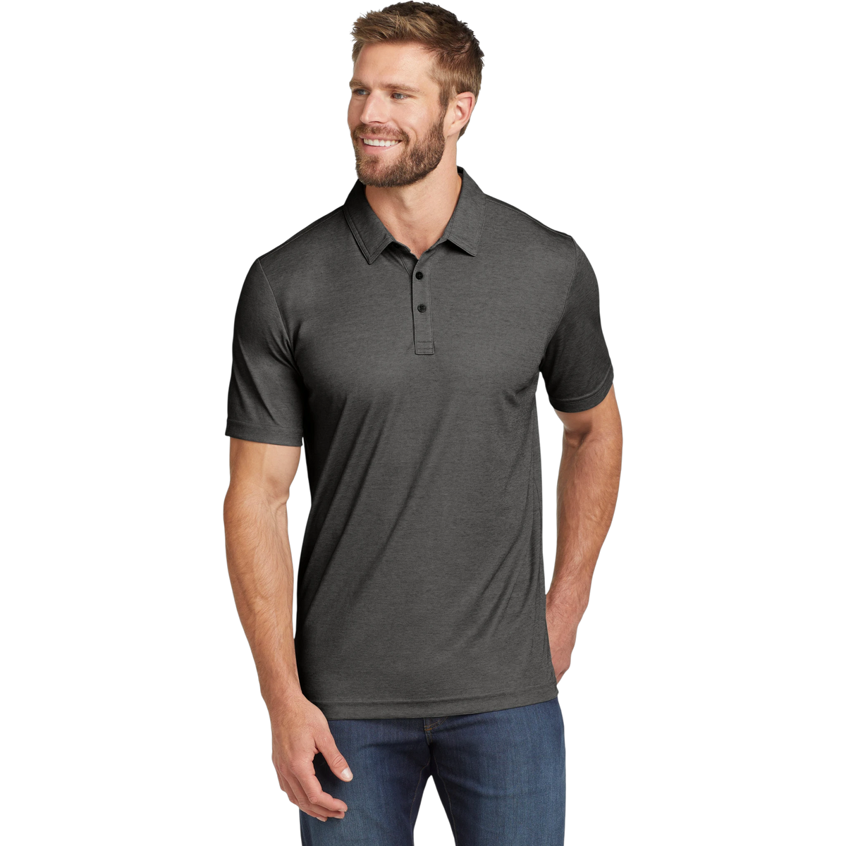 TravisMathew Oceanside Heather Polo in Black Heather — custom branded by Motive