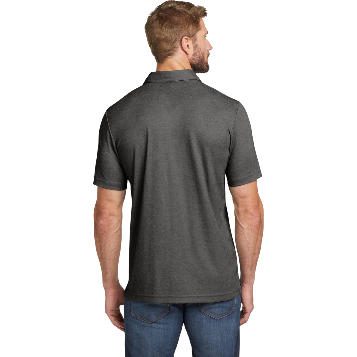 TravisMathew Oceanside Heather Polo in Black Heather — custom branded by Motive