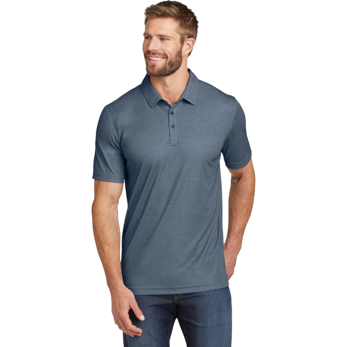 TravisMathew Oceanside Heather Polo in Blue Nights Heather — custom branded by Motive