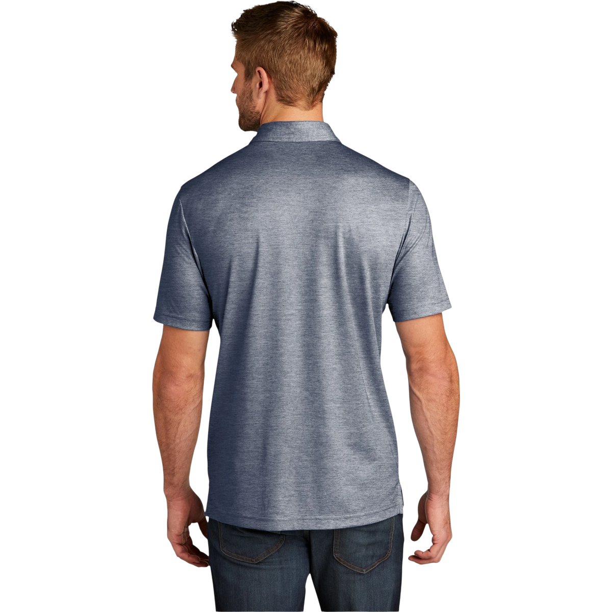 TravisMathew Oceanside Heather Polo in Blue Nights Heather — custom branded by Motive
