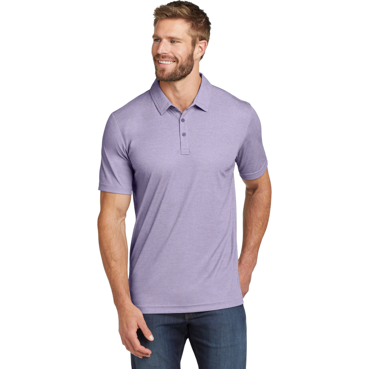 TravisMathew Oceanside Heather Polo in Purple Sage Heather — custom branded by Motive