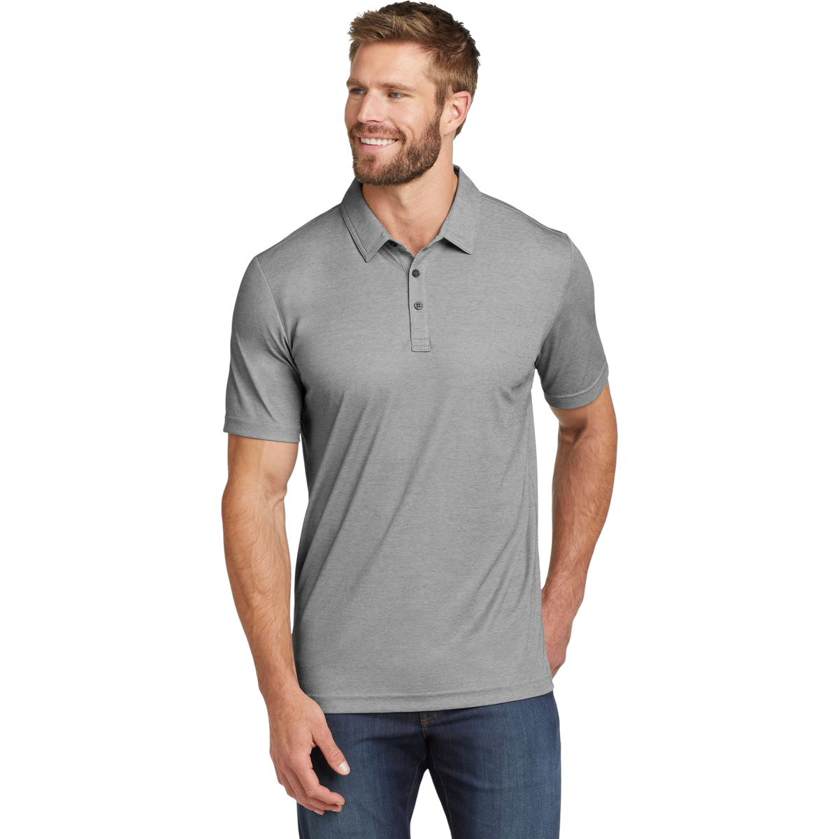 TravisMathew Oceanside Heather Polo in Quiet Shade Grey Heather — custom branded by Motive