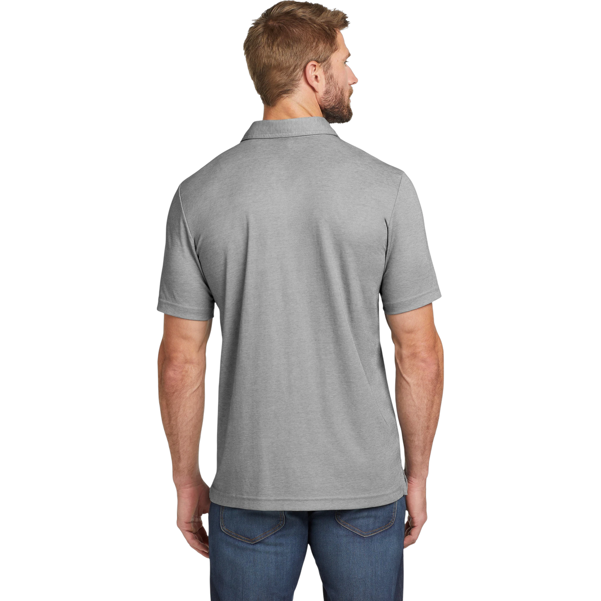 TravisMathew Oceanside Heather Polo in Quiet Shade Grey Heather — custom branded by Motive