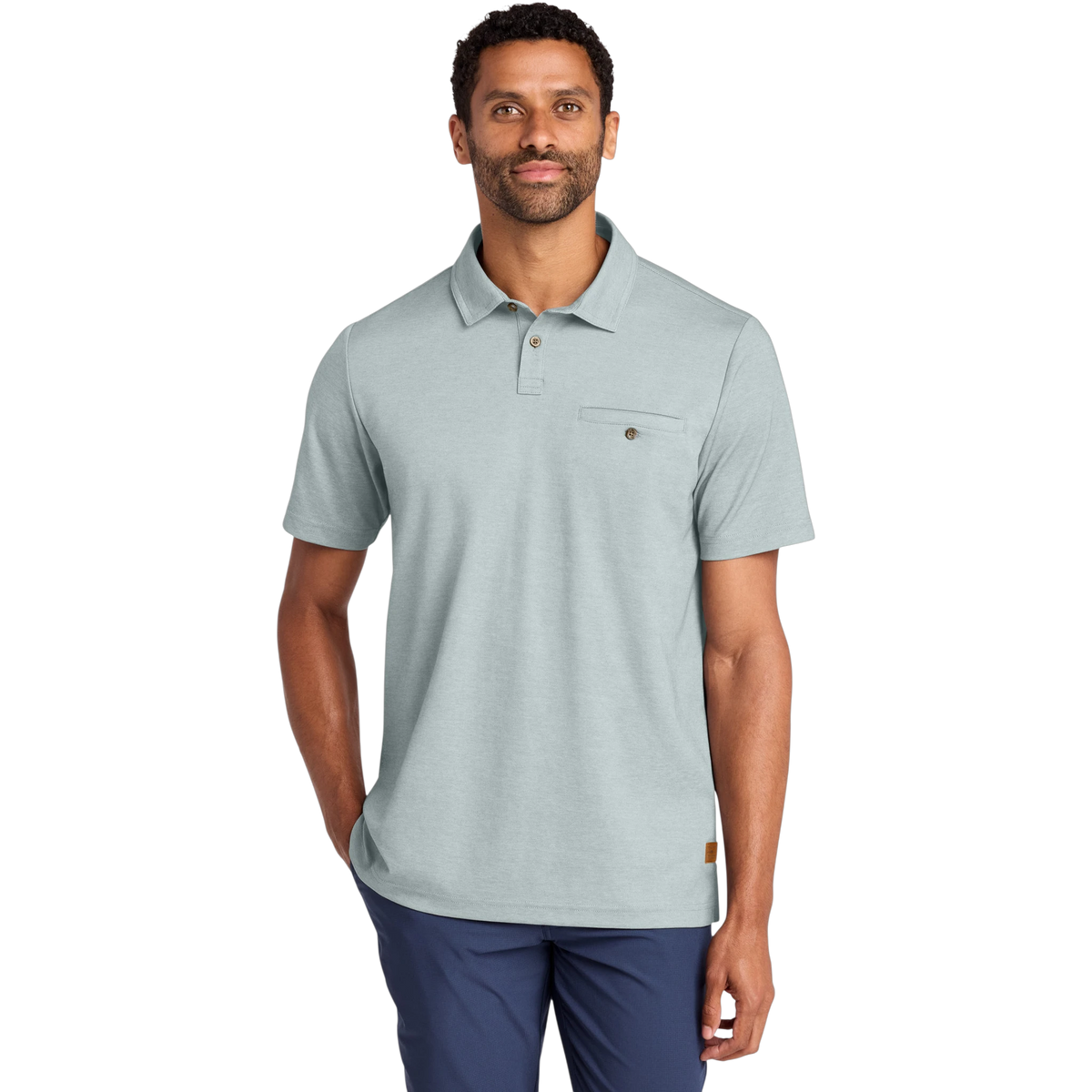 TravisMathew Sunsetters Pocket Polo in Balsam Green Heather — custom branded by Motive