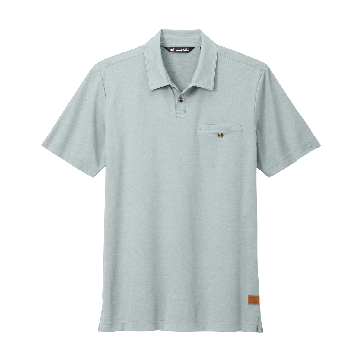 TravisMathew Sunsetters Pocket Polo in Balsam Green Heather — custom branded by Motive