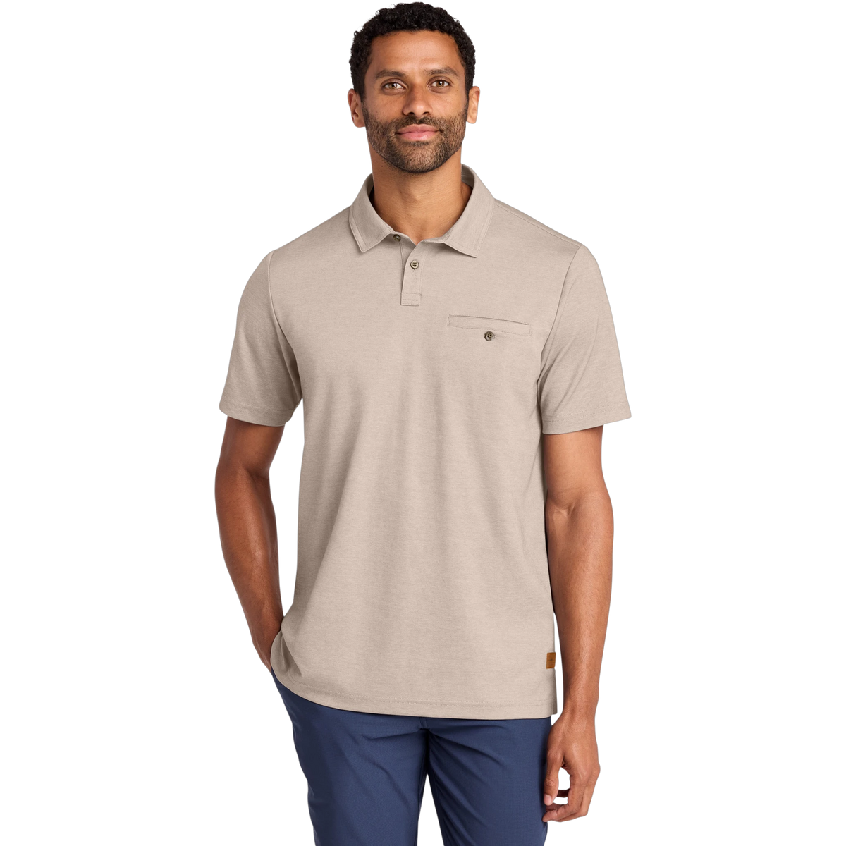 TravisMathew Sunsetters Pocket Polo in Portabella Heather — custom branded by Motive
