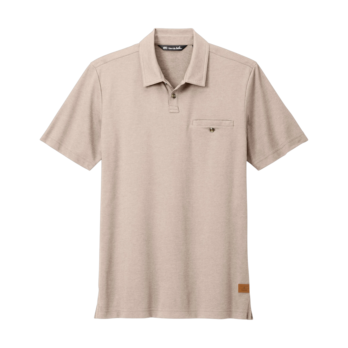 TravisMathew Sunsetters Pocket Polo in Portabella Heather — custom branded by Motive